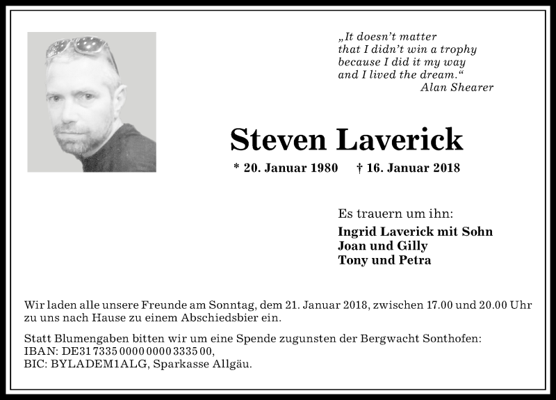  Traueranzeige für Steven Laverick vom 18.01.2018 aus Allgäuer Anzeigeblatt