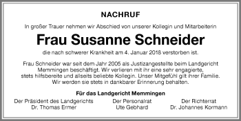 Traueranzeige von Susanne Schneider von Memminger Zeitung