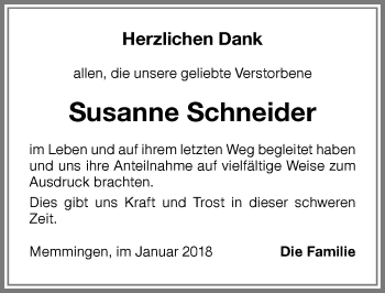 Traueranzeige von Susanne Schneider von Memminger Zeitung