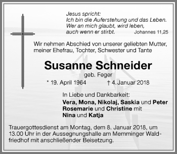 Traueranzeige von Susanne Schneider von Memminger Zeitung