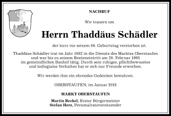 Traueranzeige von Thaddäus Schädler von Allgäuer Anzeigeblatt