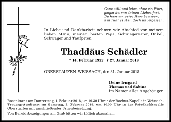 Traueranzeige von Thaddäus Schädler von Allgäuer Zeitung