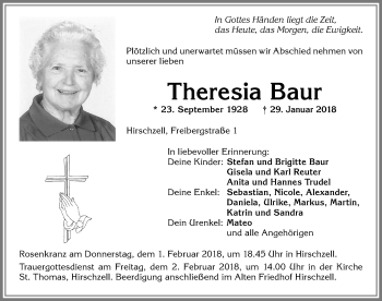 Traueranzeige von Theresia Baur von Allgäuer Zeitung, Kaufbeuren/Buchloe