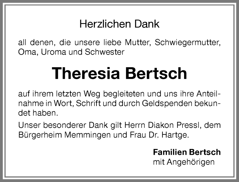  Traueranzeige für Theresia Bertsch vom 27.01.2018 aus Memminger Zeitung