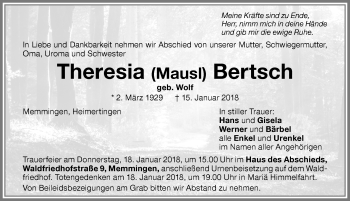 Traueranzeige von Theresia Bertsch von Memminger Zeitung
