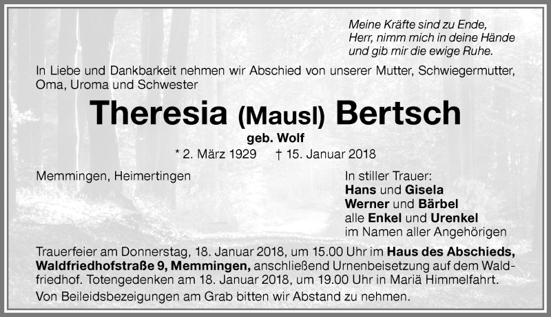  Traueranzeige für Theresia Bertsch vom 17.01.2018 aus Memminger Zeitung