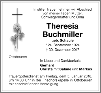 Traueranzeige von Theresia Buchmiller von Memminger Zeitung