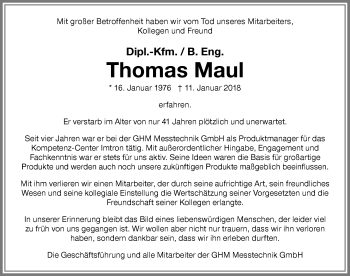 Traueranzeige von Thomas Maul von Memminger Zeitung