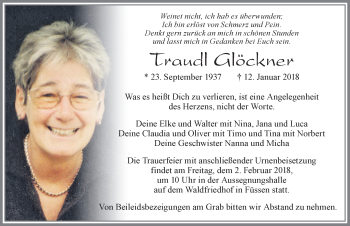 Traueranzeige von Traudl Glöckner von Allgäuer Zeitung, Füssen