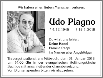 Traueranzeige von Udo Piagno von Allgäuer Zeitung, Kaufbeuren/Buchloe