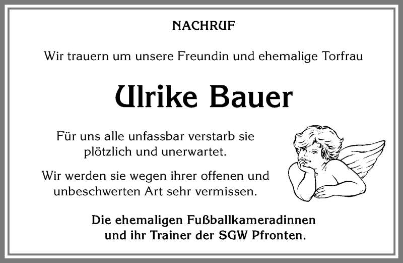  Traueranzeige für Ulrike Bauer vom 04.01.2018 aus Allgäuer Zeitung, Füssen