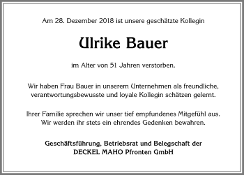 Traueranzeige von Ulrike Bauer von Allgäuer Zeitung, Füssen