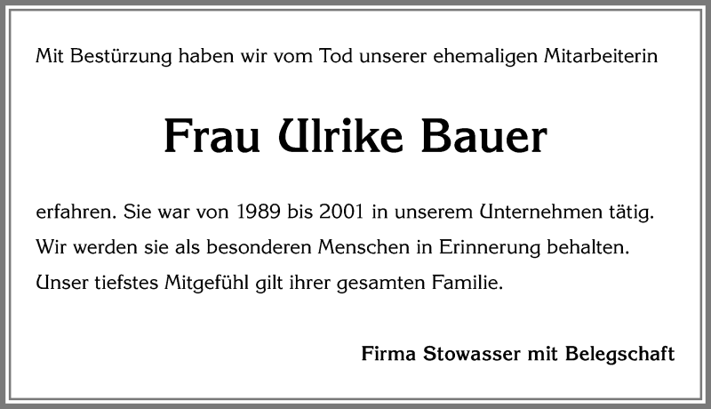  Traueranzeige für Ulrike Bauer vom 04.01.2018 aus Allgäuer Zeitung, Füssen