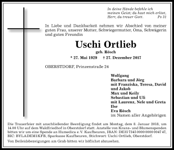 Traueranzeige von Uschi Ortlieb von Allgäuer Anzeigeblatt