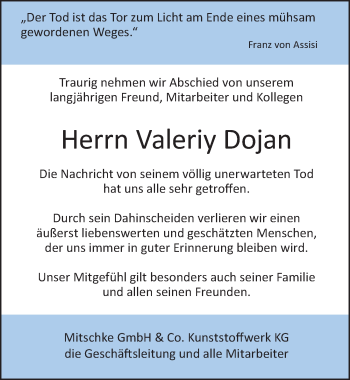 Traueranzeige von Valeriy Dojan von Allgäuer Zeitung