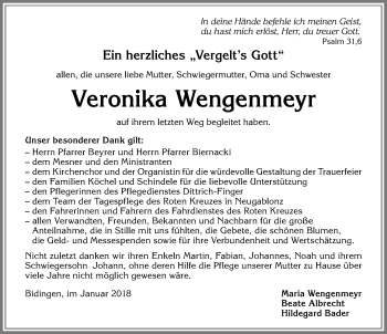 Traueranzeige von Veronika Wengenmeyr von Allgäuer Zeitung