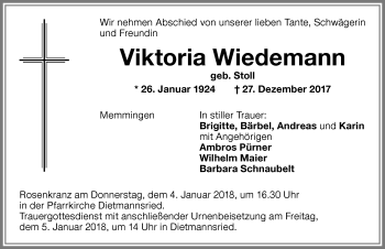 Traueranzeige von Viktoria Wiedemann von Allgäuer Zeitung