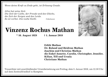 Traueranzeige von Vinzenz Rochus Mathan von Allgäuer Zeitung