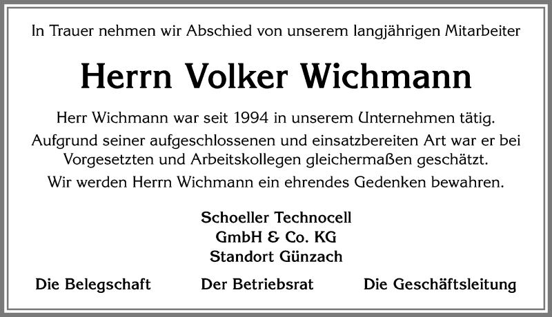  Traueranzeige für Volker Wichmann vom 03.01.2018 aus Allgäuer Zeitung, Marktoberdorf
