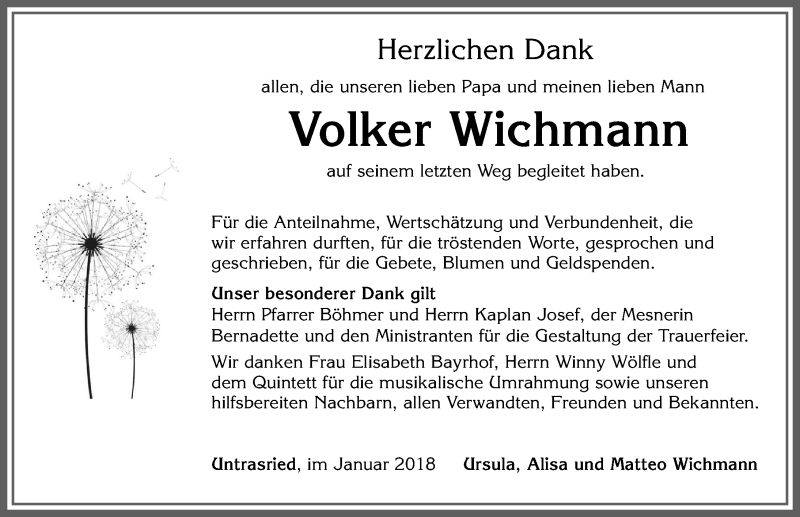  Traueranzeige für Volker Wichmann vom 27.01.2018 aus Allgäuer Zeitung, Marktoberdorf