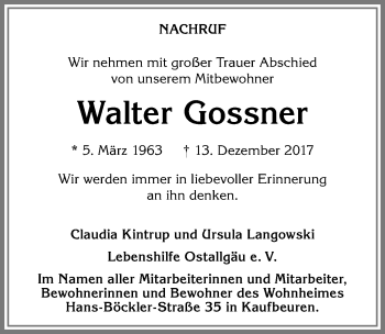 Traueranzeige von Walter Gossner von Allgäuer Zeitung