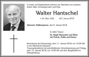 Traueranzeige von Walter Hantschel von Allgäuer Zeitung, Marktoberdorf