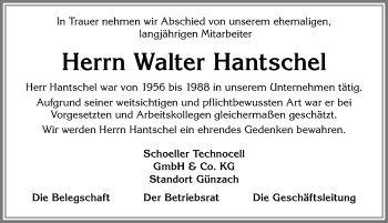 Traueranzeige von Walter Hantschel von Allgäuer Zeitung, Marktoberdorf
