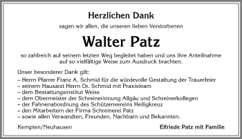 Traueranzeige von Walter Patz von Allgäuer Zeitung,Kempten