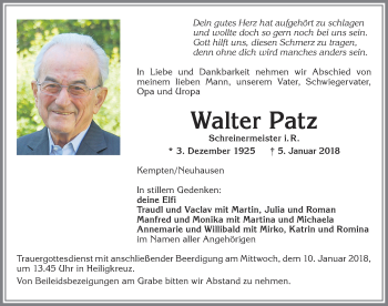 Traueranzeige von Walter Patz von Allgäuer Zeitung,Kempten
