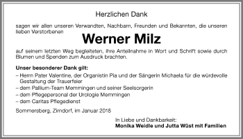 Traueranzeige von Werner Milz von Memminger Zeitung