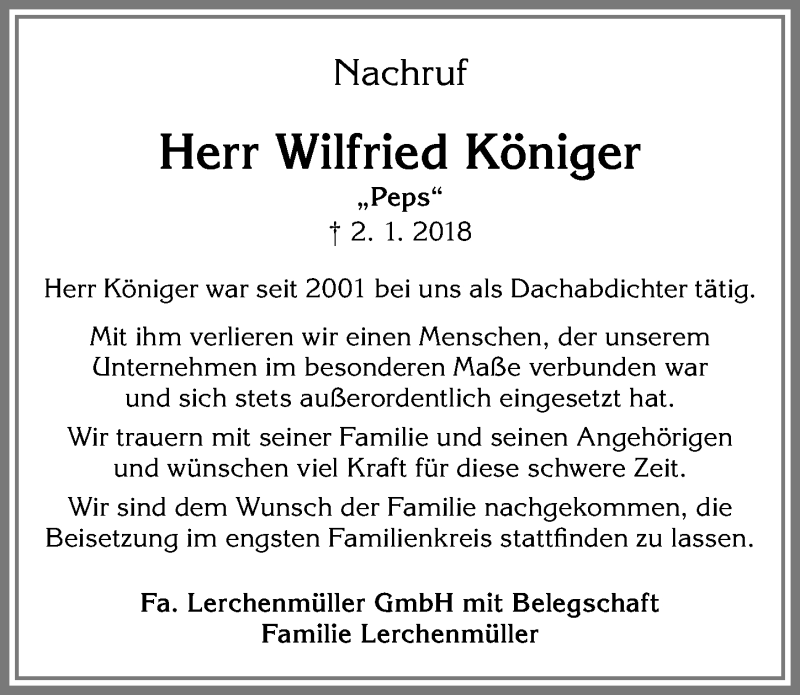  Traueranzeige für Wilfried Königer vom 13.01.2018 aus Allgäuer Zeitung,Kempten