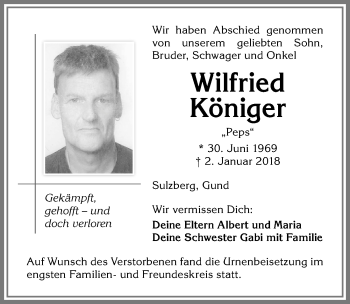 Traueranzeige von Wilfried Königer von Allgäuer Zeitung,Kempten