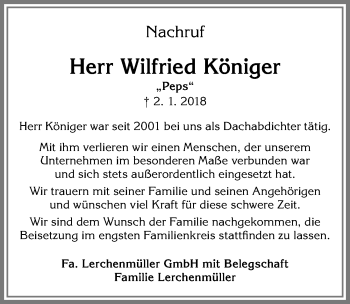Traueranzeige von Wilfried Königer von Allgäuer Zeitung,Kempten