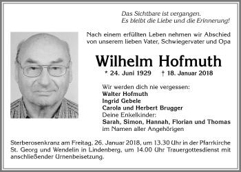 Traueranzeige von Wilhelm Hofmuth von Allgäuer Zeitung, Kaufbeuren/Buchloe
