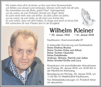 Traueranzeige von Wilhelm Kleiner von Allgäuer Zeitung, Kaufbeuren/Buchloe