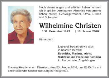 Traueranzeige von Wilhelmine Christen von Allgäuer Zeitung,Kempten