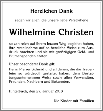 Traueranzeige von Wilhelmine Christen von Allgäuer Zeitung,Kempten