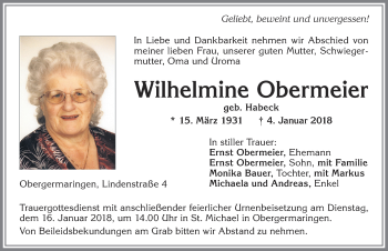 Traueranzeige von Wilhelmine Obermeier von Allgäuer Zeitung, Kaufbeuren/Buchloe