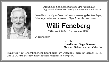 Traueranzeige von Willi Feneberg von Allgäuer Zeitung,Kempten
