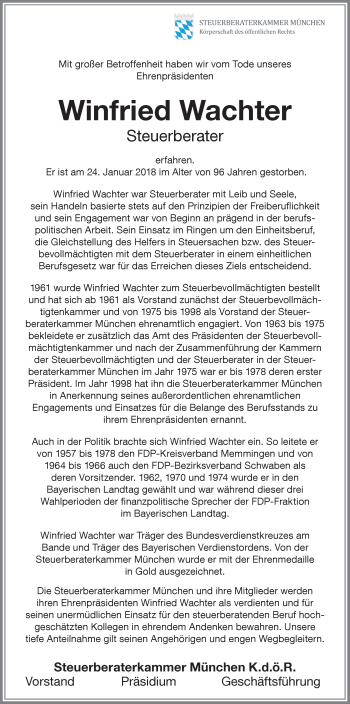 Traueranzeige von Winfried Wachter von Memminger Zeitung