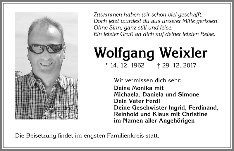  Traueranzeige für Wolfgang Weixler vom 05.01.2018 aus Allgäuer Zeitung,Kempten
