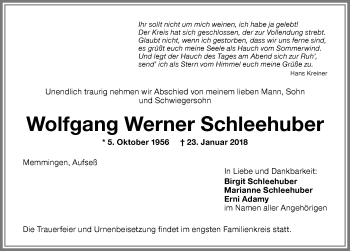 Traueranzeige von Wolfgang Werner Schleehuber von Memminger Zeitung