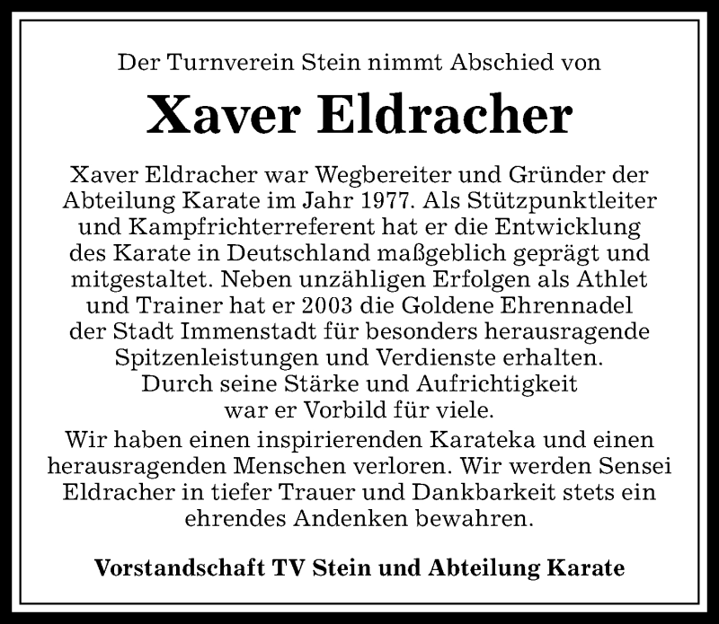  Traueranzeige für Xaver Eldracher vom 22.01.2018 aus Allgäuer Anzeigeblatt