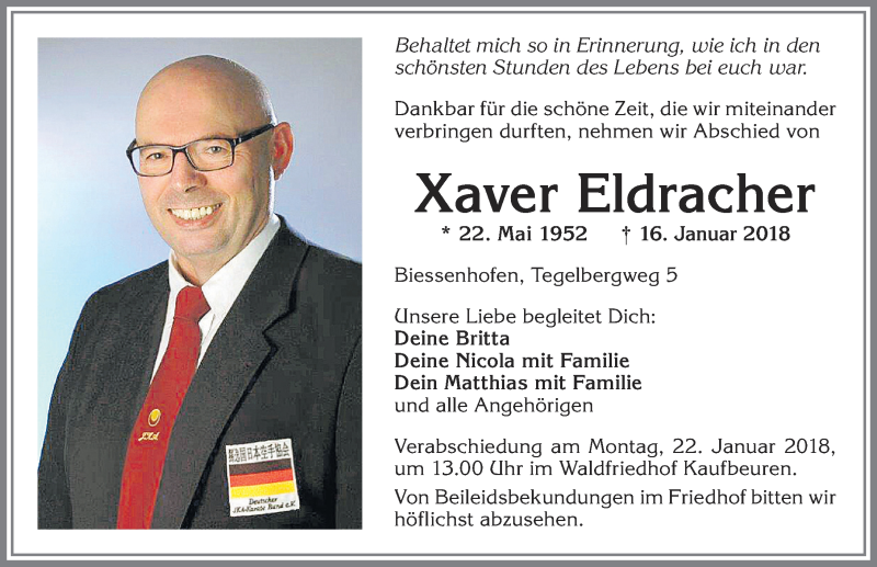  Traueranzeige für Xaver Eldracher vom 19.01.2018 aus Allgäuer Zeitung, Marktoberdorf
