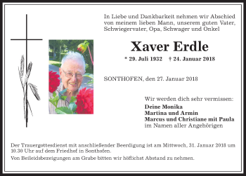 Traueranzeige von Xaver Erdle von Allgäuer Anzeigeblatt
