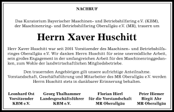 Traueranzeige von Xaver Huschitt von Allgäuer Anzeigeblatt