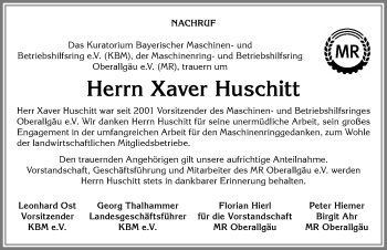 Traueranzeige von Xaver Huschitt von Allgäuer Zeitung,Kempten