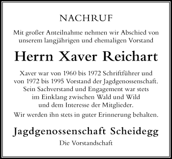 Traueranzeige von Xaver Reichart von Der Westallgäuer