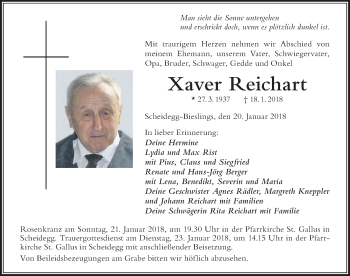 Traueranzeige von Xaver Reichart von Der Westallgäuer