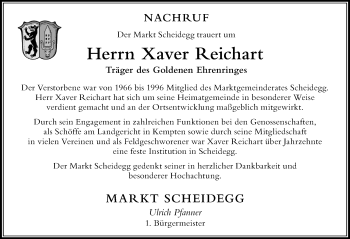 Traueranzeige von Xaver Reichart von Der Westallgäuer
